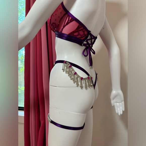 Pink & Purple Sequin Rhinestone Burlesque 5 Piece Lingerie Set XS/XS Hand Sewn - Picture 10 of 17
